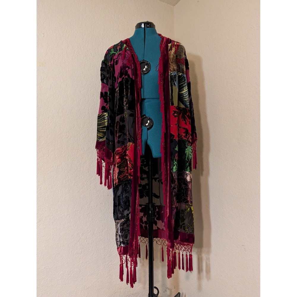 Chico's Silk Blend Patchwork Burnout Velvet Kimono Duster Tassel Fringe S/M